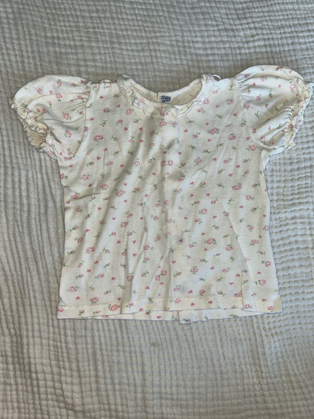 Vintage Carter's White Tee with Pink Floral Print and Puff Sleeves